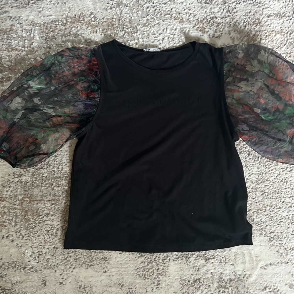 Zara Black Blouse with Floral Puff Sleeves